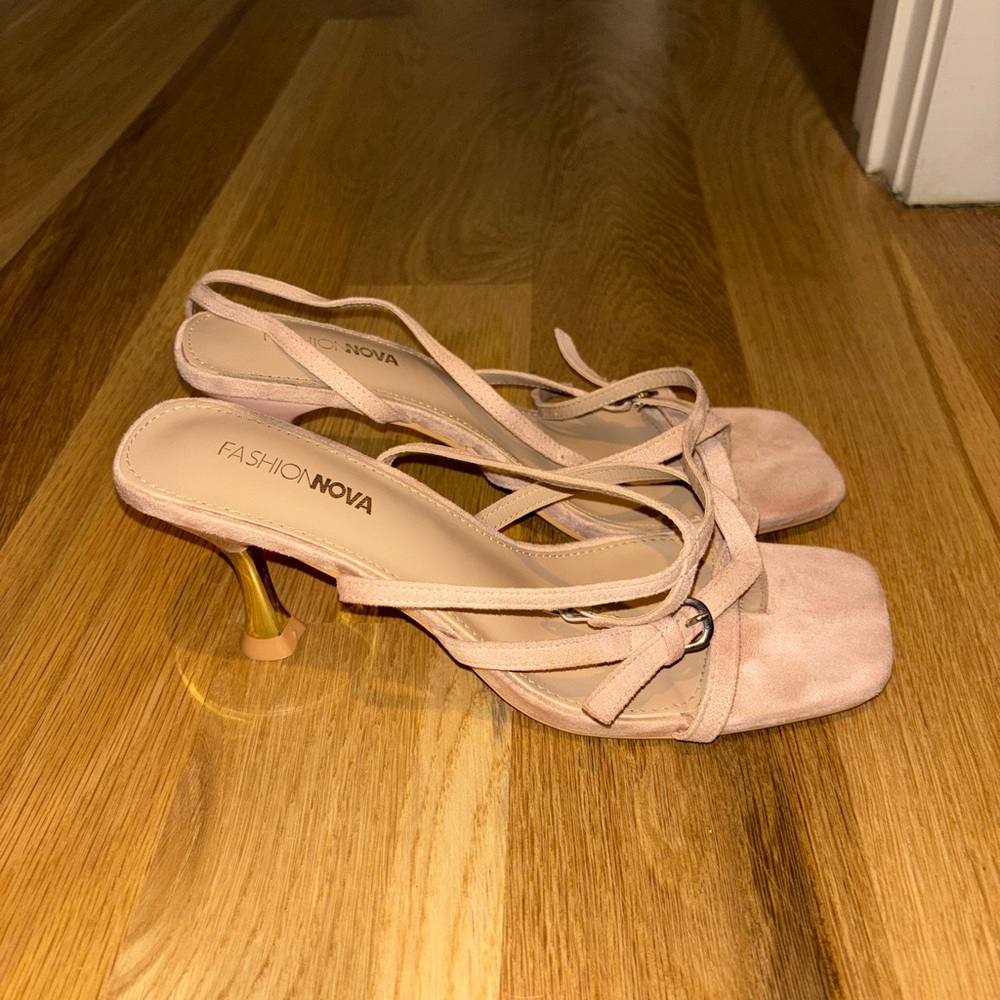 Fashion Nova Blush Strappy Heels with Gold Accents